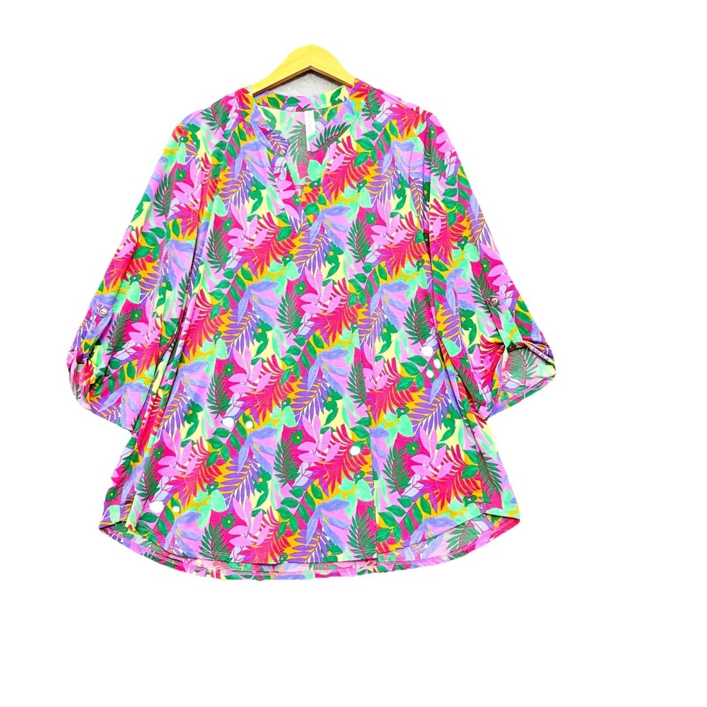 Dear Scarlett Popover Top Bright Pop Art Leaf Print Stretchy‎ Flowy Tropical